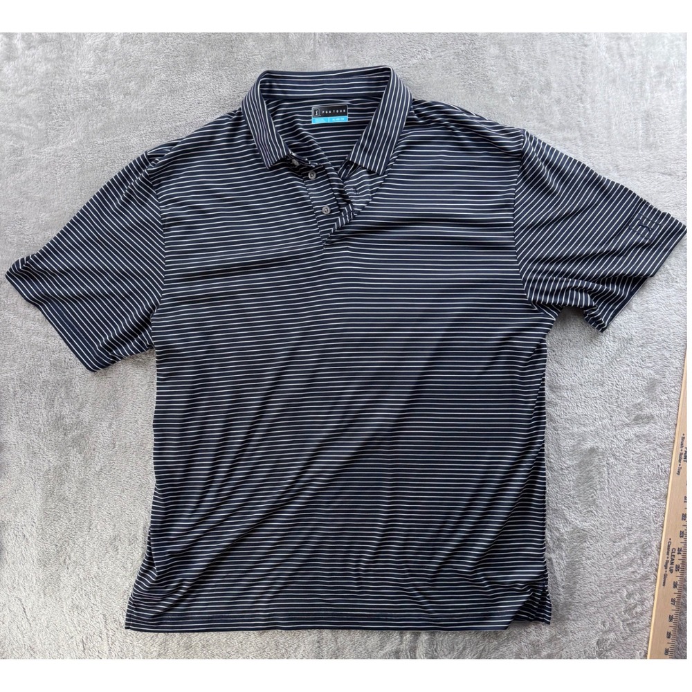 PGA TOUR Mens Golf Polo Shirt XL Navy White Stripe Short Sleeve Performance‎
